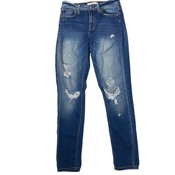 KanCan medium wash medium rise factory distressed straight leg jeans SZ 7 (27") - Picture 2 of 9